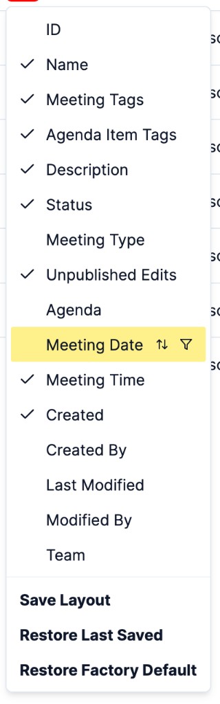 Current meetings table column settings menu with checkmarks and layout restore actions