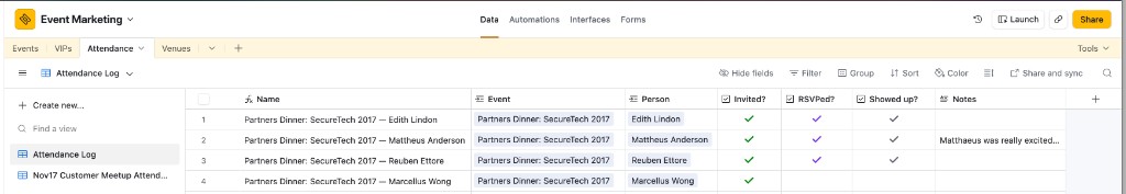 Airtable grid view with hide fields, filter, group, sort, and share controls above the table